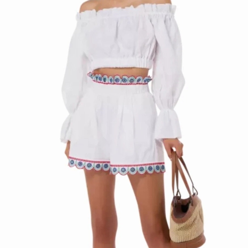 Silvia Tcherassi Shorts White Blue Scallop Embroidered Cotton Shorts XS NEW